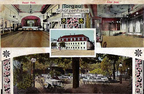 Postkarte mit Motiven des Schützenhaus Torgau vom alten und neuen großen Saal sowie dem Biergarten